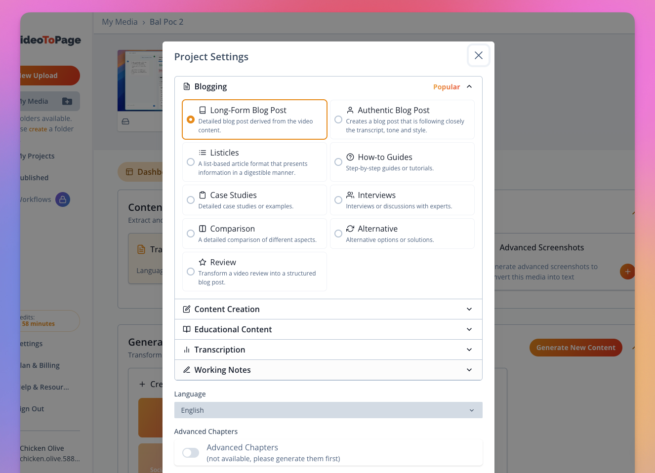VideoToPage template selection interface